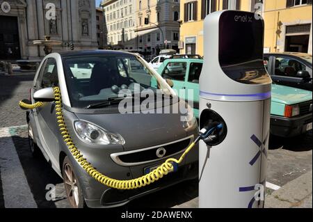 Italia, Roma, centro storico, ricarica auto elettrica Foto Stock