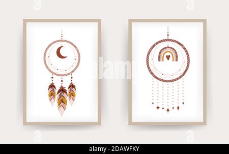 Catcher da sogno con arcobaleno e luna in stile boho. Illustrazione Vettoriale