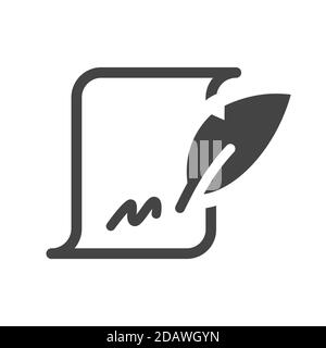 Firma del contratto, icona del vettore del documento. Penna trapanata con firma su carta simbolo semplice. Illustrazione Vettoriale