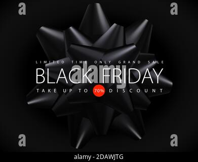 Banner vettoriale Black Friday sale su sfondo scuro. Testo bianco su stella di prua del nastro nero lucido. Solo per un periodo di tempo limitato, richiedere fino al percento di sconto. Illustrazione Vettoriale