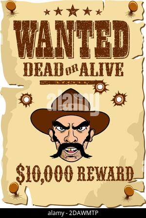 WANTED Outlaw Poster, modello Wild West in stile cartoon Illustrazione Vettoriale