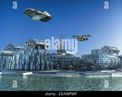 Futuristico skyline della città illustrazione 3D, con strutture metalliche circondate da acqua e droni volanti, per la fantascienza. Foto Stock