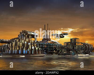 Futuristico skyline della città al tramonto con strutture metalliche circondate da acqua e droni volanti, per l'illustrazione in 3D fantascienza. Foto Stock