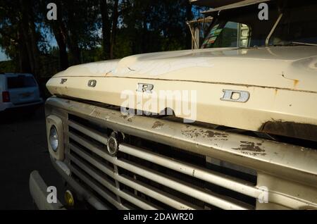 Buenos Aires, Argentina - Gennaio, 2020: Primo piano del vecchio fregio Ford del camion vintage sul cofano dell'auto. Foto Stock