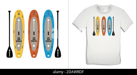 Stampa su t-shirt grafica design, paddle board, isolato su sfondo bianco vettore Illustrazione Vettoriale