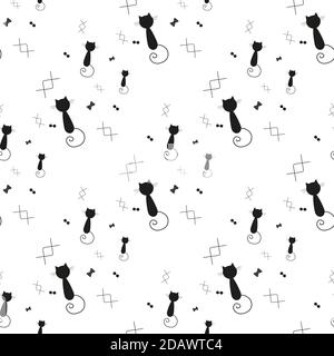 Carino Cartoon Cat Vector Icons, modello senza giunture e sfondo Illustrazione Vettoriale