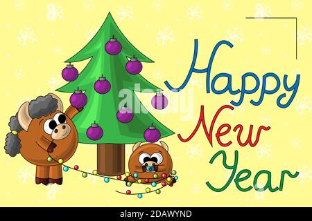 Carta di Natale con carino cartoon bull bambino e garland Illustrazione Vettoriale