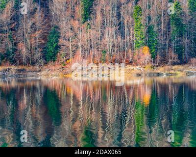 Splendido riflesso tardivo del lago Autumnal con un accenno di prima mattina Dribble onde Lokve lago Lokvarsko jezero in Croazia Europa Foto Stock
