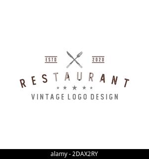 Crossed Knife and Spoon Fork Rustic Vintage retro Restaurant logo design Illustrazione Vettoriale