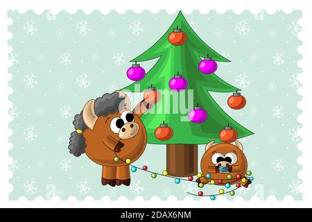 Carta di Natale con carino cartoon bull bambino e garland Illustrazione Vettoriale