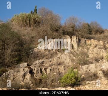 Una collina rocciosa nei pressi di Gerusalemme, Israele, con pini, cipressi e precipizi, in una giornata di sole. Foto Stock