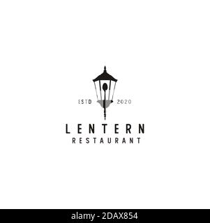 Vecchia Lanterna con cucchiaio per il ristorante vintage logo design. Illustrazione Vettoriale