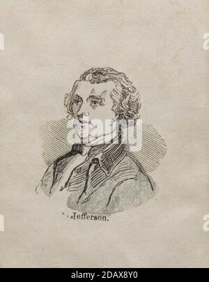 Incisione di Thomas Jefferson. Thomas Jefferson (1743 – 1826) è stato uno statista, diplomatico, avvocato, architetto, filosofo e fondatore del Padre americano Foto Stock