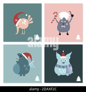 Simpatico set di mostri per le vacanze invernali. Creature fantasy divertenti Illustrazione Vettoriale
