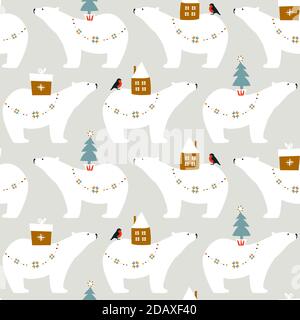Buon Natale! Schema senza cuciture con illustrazione degli orsi polari. Artico, animale, Arte, sfondi, Orso Illustrazione Vettoriale