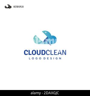 Design del logo per la pulizia del cloud, cloud computing con design del logo per la pulizia. Illustrazione Vettoriale