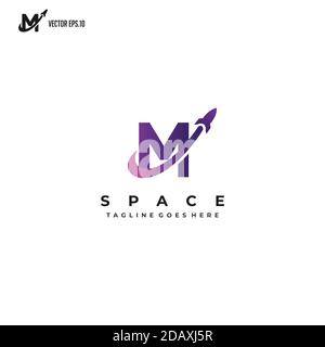 M iniziale con razzo volante, ispirazione dal design con logo spaziale Illustrazione Vettoriale