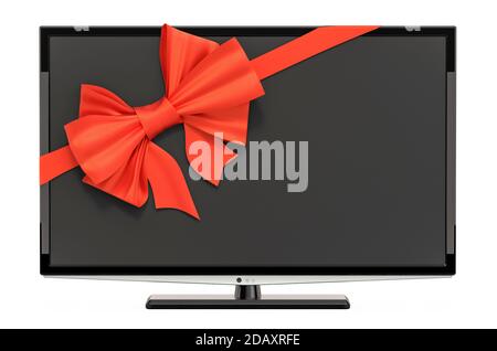 TV moderna con nastro e prua, concetto regalo. Rendering 3D isolato su sfondo bianco Foto Stock