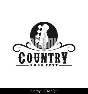 Vintage retro Country Guitar Bass Music con logo Western Illustrazione Vettoriale