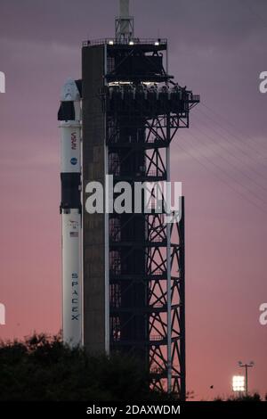 Cape Canaveral, Stati Uniti d'America. 15 novembre 2020. L'alba si rompe sul razzo SpaceX Falcon 9 che trasporta la navicella spaziale Crew Dragon a bordo sul complesso di lancio 39A al Kennedy Space Center 15 novembre 2020 a Cape Canaveral, Florida. La missione della NASA SpaceX Crew-1 è stata ritardata a causa delle condizioni meteorologiche e si prevede che verrà lanciata oggi con la prima missione di rotazione dell'equipaggio della SpaceX Crew Dragon alla Stazione spaziale Internazionale. Credit: Joel Kowsky/NASA/Alamy Live News Foto Stock