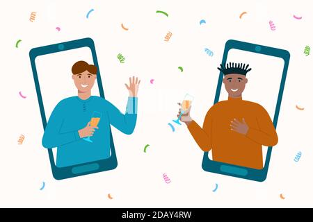 Concetto di home party online. Due uomini sugli schermi degli smartphone che celebrano, comunicano, bevono. Amici che utilizzano l'app video per le riunioni. Illustrazione vettoriale. Illustrazione Vettoriale