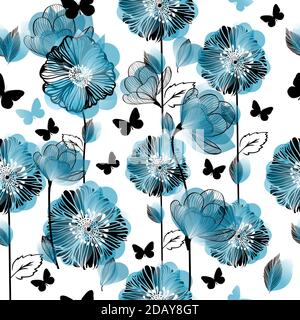 Uno sfondo senza cuciture con fiori blu e farfalle. Illustrazione vettoriale Illustrazione Vettoriale