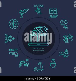 Un'ampia raccolta di icone lineari, intelligenza artificiale robotica e automazione digitale isolate in background. EPS 10. Illustrazione Vettoriale