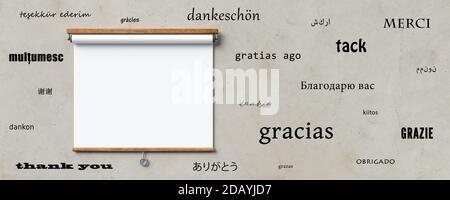 Lavagna bianca vuota su una parete di cemento con messaggio GRAZIE in diverse lingue - illustrazione 3d Foto Stock