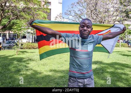 Takudzwa Marara, 27 anni, invoca una bandiera dello Zimbabwe in una protesta in cui si esortava il Presidente Robert Mugabe, da lungo tempo imbalsato, a dimettersi. Foto Stock