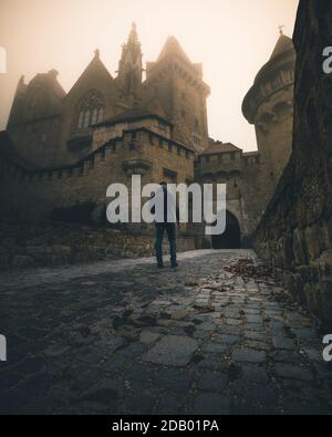 Castello Kreuzenstein in Austria durante l'autunno in una mattina foggy Foto Stock