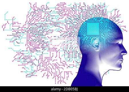 Una silhouette laterale per adulti sovrapposta a un dettaglio CPU bianco e a dettagli del modello di scheda a circuito stampato semitrasparente. Illustrazione Vettoriale