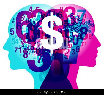 Una silhouette laterale maschio e femmina posizionata in posizione arretrata, sovrapposta a numeri semi-trasparenti di varie dimensioni. Sovrapposto è un simbolo bianco di "dollaro". Illustrazione Vettoriale
