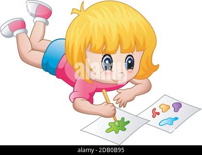 Illustrazione vettoriale di bambina che mentendo e dipingendo su un carta Illustrazione Vettoriale