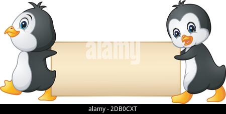 Illustrazione vettoriale di due pinguini cartoni contenenti un banner vuoto Illustrazione Vettoriale