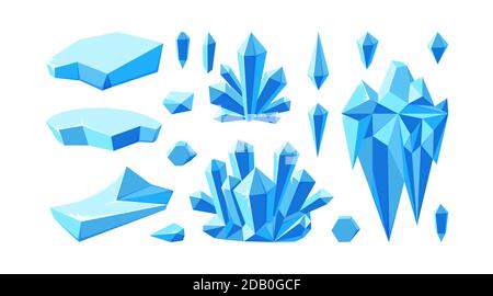 Iceberg con cristalli per paesaggi artici. Set di gemme di cristallo e ghiacciai per la progettazione di giochi. Illustrazione vettoriale in stile cartoon Illustrazione Vettoriale