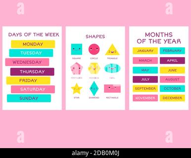 Scopri i nomi dei mesi dell'anno, i giorni della settimana e le forme geometriche. Set di poster didattici. Carta per bambini. Collezione di carino geome Illustrazione Vettoriale