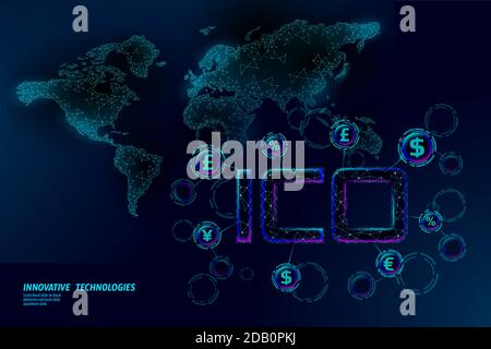 Moneta iniziale che offre il concetto di tecnologia delle lettere ICO. Economia finanziaria economia Mappa del mondo. Crypto valuta internazionale bancario online offerta. Internet Illustrazione Vettoriale