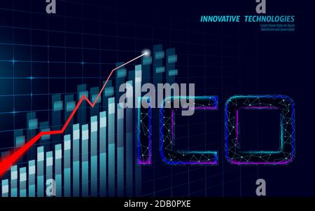 Moneta iniziale che offre il concetto di tecnologia delle lettere ICO. Business Finance economy basso design stile poly. Crypto banking valuta offerta online. Internet Illustrazione Vettoriale