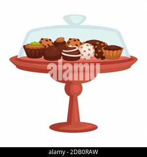 Torta di cioccolato e biscotti cupcake e caramelle su stand isolato oggetto Illustrazione Vettoriale