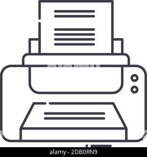Icona del dispositivo di stampa, illustrazione lineare isolata, vettore a linee sottili, segno di disegno Web, simbolo del concetto di contorno con tratto modificabile su sfondo bianco Illustrazione Vettoriale