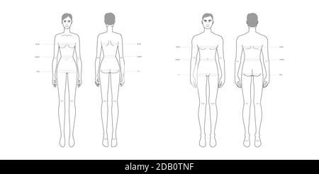 Uomo e donna parti del corpo standard misurazioni terminologiche Illustrazione per abbigliamento e accessori produzione moda 9 testa maschile e femminile tabella delle dimensioni. Modello infografico del corpo umano Illustrazione Vettoriale