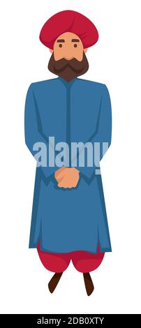 Uomo indiano in abiti tradizionali e turbano isolato carattere maschile Illustrazione Vettoriale