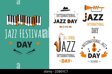 Jazz festival strumenti musicali musica genere poster e emblemi Illustrazione Vettoriale