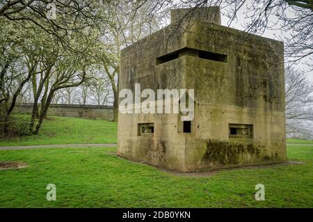 Pillbox o Bunker fatto intorno al 1940 per difendere il Regno Unito contro la possibile invasione nemica, Coalhouse Fort, East Tilbury, Essex, Inghilterra Foto Stock