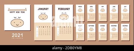 Felice anno nuovo 2021. Calendario quadrato creativo con bue bianco. Simbolo dell'oroscopo cinese. Kawaii sorride toro, mucca. Copertina e 12 pagine mensili con Illustrazione Vettoriale
