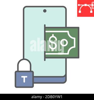 Icona della linea a colori per il pagamento mobile sicuro, sicurezza e smartphone, grafica vettoriale sicura dei segni delle transazioni, icona del contorno con tratto modificabile, eps 10. Illustrazione Vettoriale