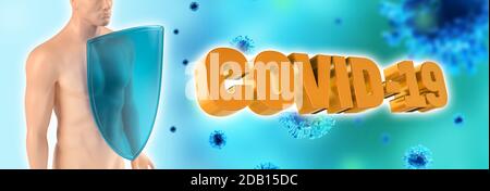 Sistema immunitario dell'uomo, protezione contro virus e batteri e Covid-19. Gli esseri umani proteggono contro il coronavirus. La difesa immunitaria combatte con il virus Foto Stock
