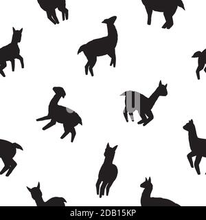 Modello senza giunture Llamas. Sfondo vettoriale in bianco e nero per superfici, design t-shirt, stampa, poster, icone, web, disegni grafici. Illustrazione Vettoriale