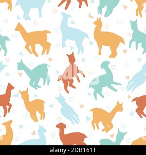 Modello senza giunture Llamas. Immagine vettoriale pastello sfondo per superficie, t-shirt design, stampa, poster, icona, web, grafica disegni. Illustrazione Vettoriale