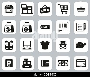 Shopping Mall o Supermarket Icons Black & White Flat Design Imposta grande Illustrazione Vettoriale